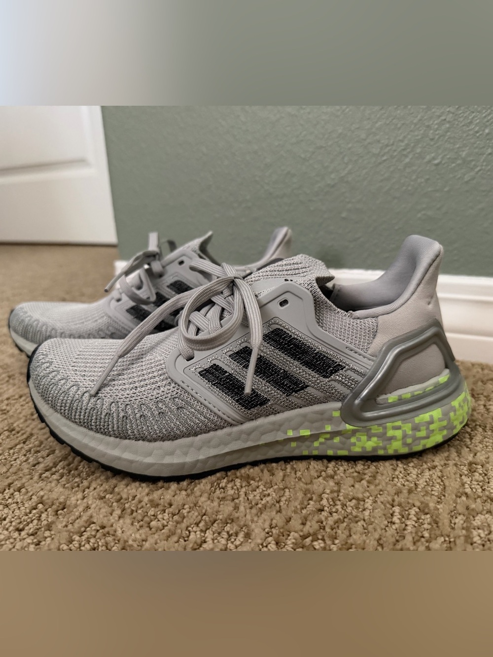 adidas Light Grey Sneakers with Black Stripes and Neon Green Accents